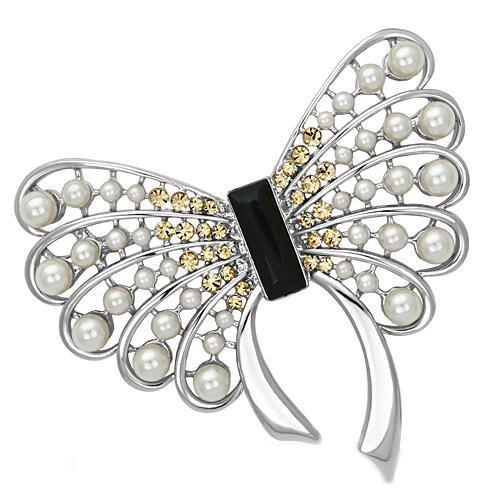 MALO2868 - Imitation Rhodium White Metal Brooches with Synthetic Pearl in Jet