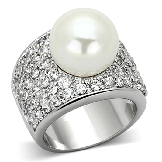 MALO2951 - Rhodium Brass Ring with Synthetic Pearl in White