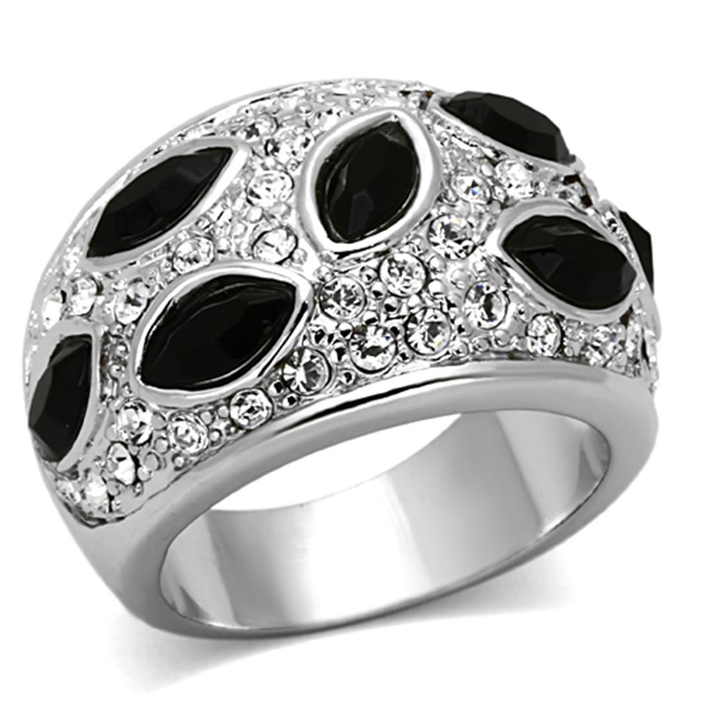 MALO2957 - Rhodium Brass Ring with Synthetic Cat Eye in Jet