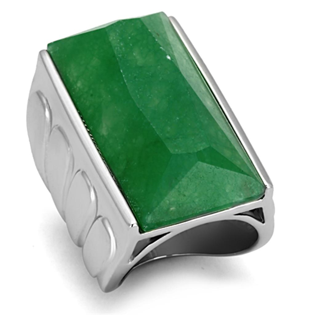 MALO3023 - Rhodium Brass Ring with Synthetic Jade in Emerald