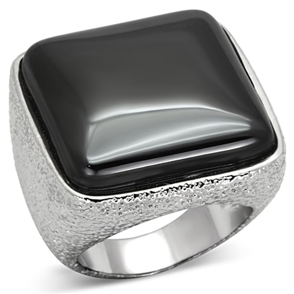 MALO3045 - Rhodium Brass Ring with Semi-Precious Agate in Jet