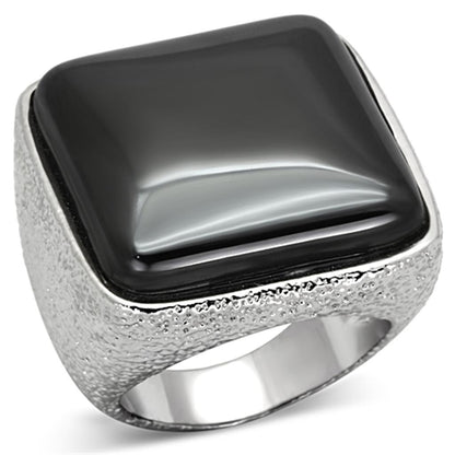 MALO3045 - Rhodium Brass Ring with Semi-Precious Agate in Jet