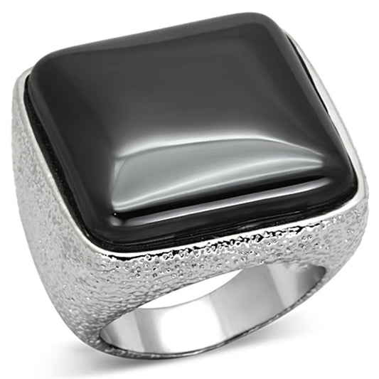 MALO3045 - Rhodium Brass Ring with Semi-Precious Agate in Jet