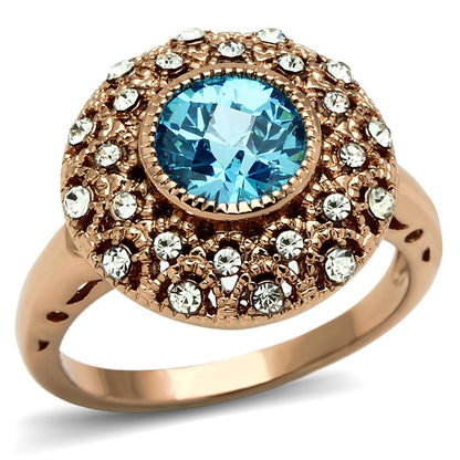 MALO3535 - Rose Gold Brass Ring with AAA Grade CZ  in Sea Blue