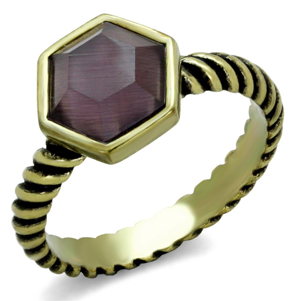 MALO3545 - Antique Copper Brass Ring with Synthetic Cat Eye in Amethyst