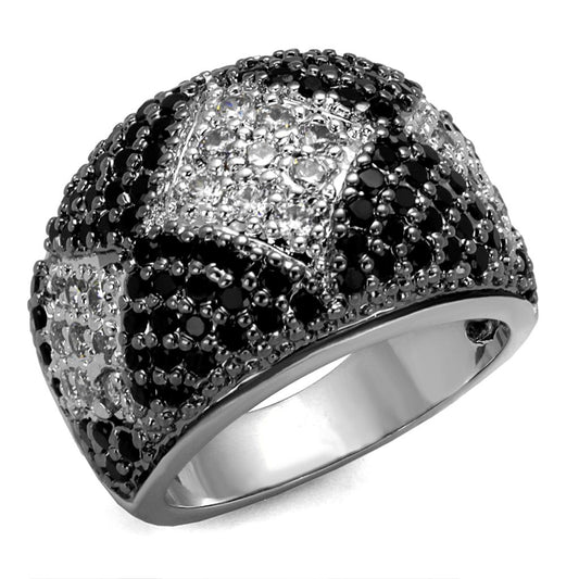 MALO3738 - Rhodium + Ruthenium Brass Ring with AAA Grade CZ  in Black Diamond