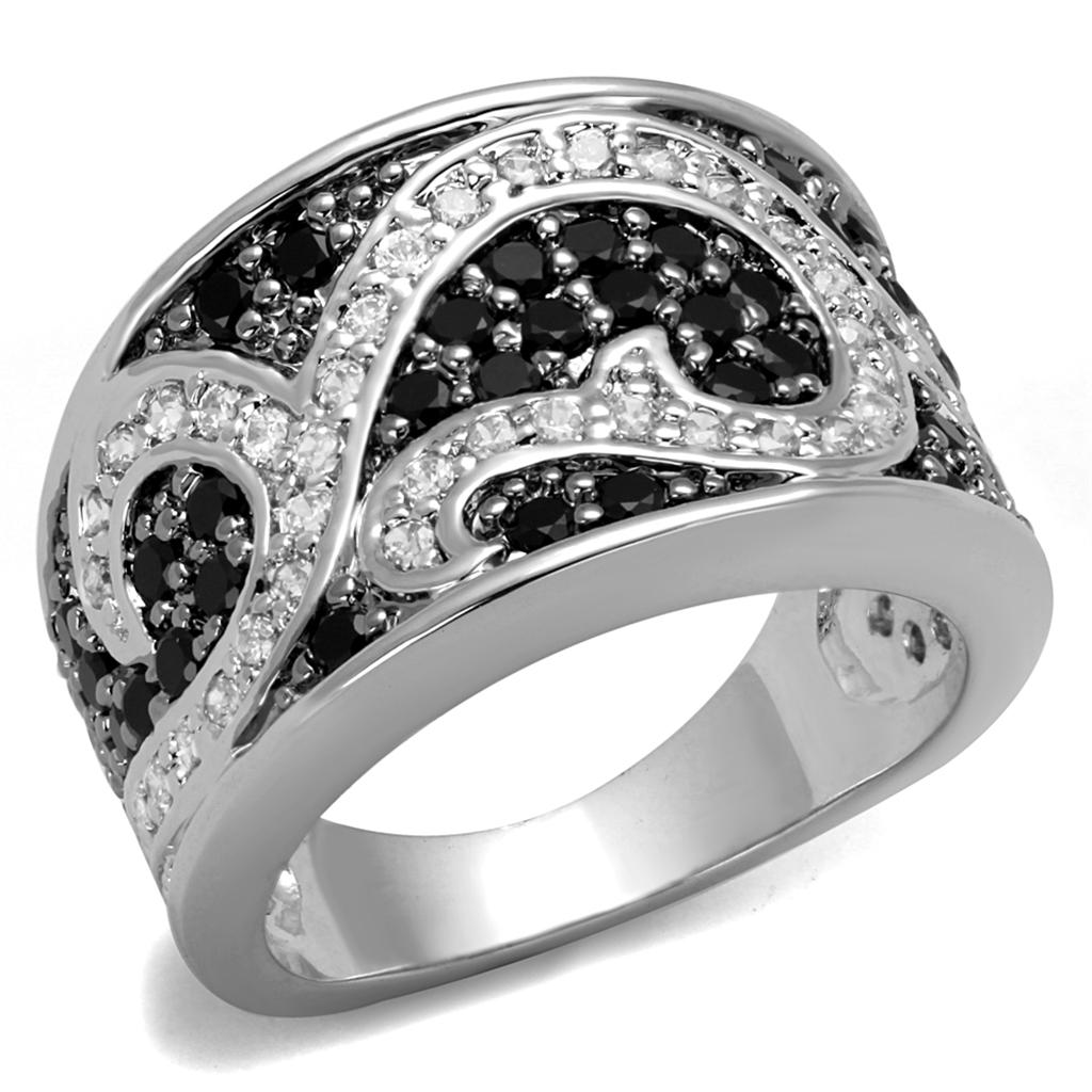 MALO3739 - Rhodium + Ruthenium Brass Ring with AAA Grade CZ  in Black Diamond