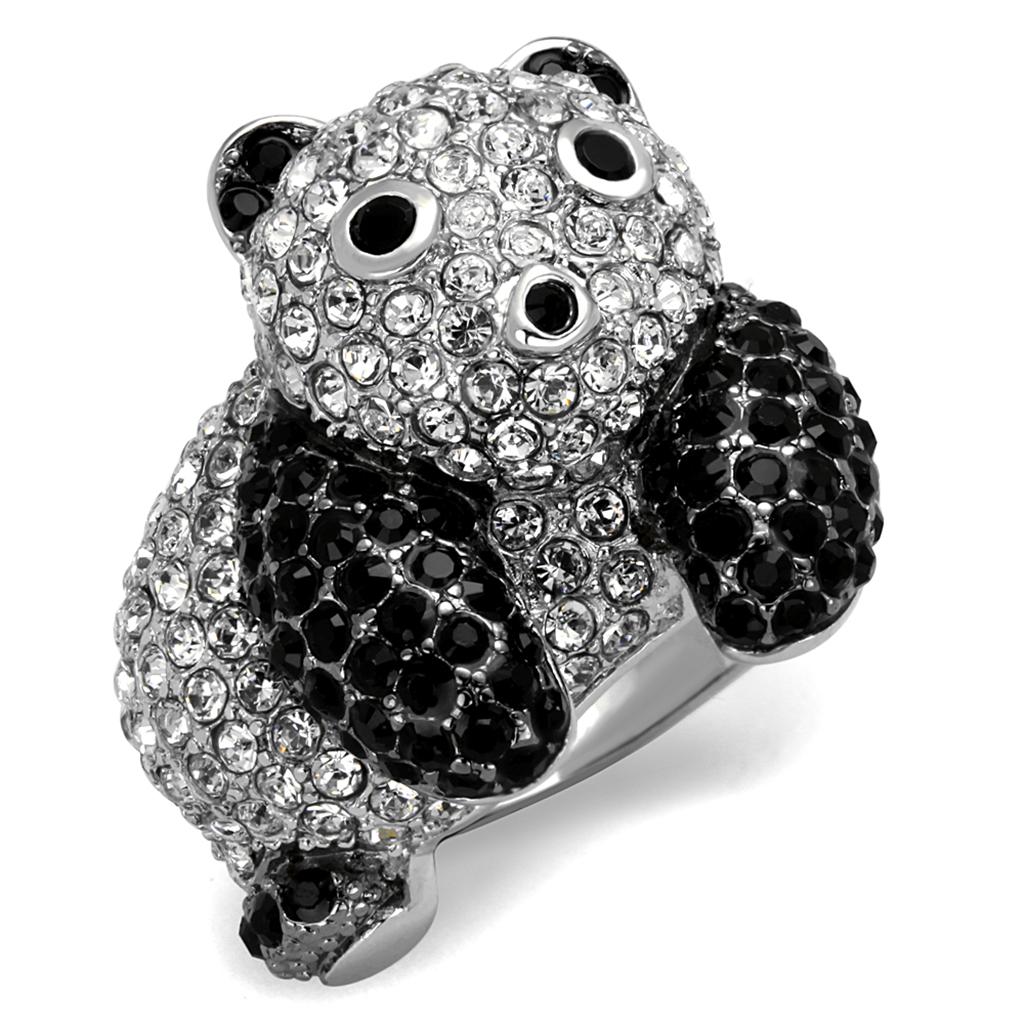 MALO3740 - Rhodium + Ruthenium Brass Ring with Synthetic Synthetic Glass in Jet