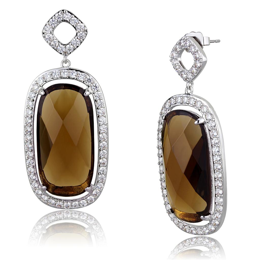 MALO3753 - Rhodium Brass Earrings with Synthetic Synthetic Glass in Brown