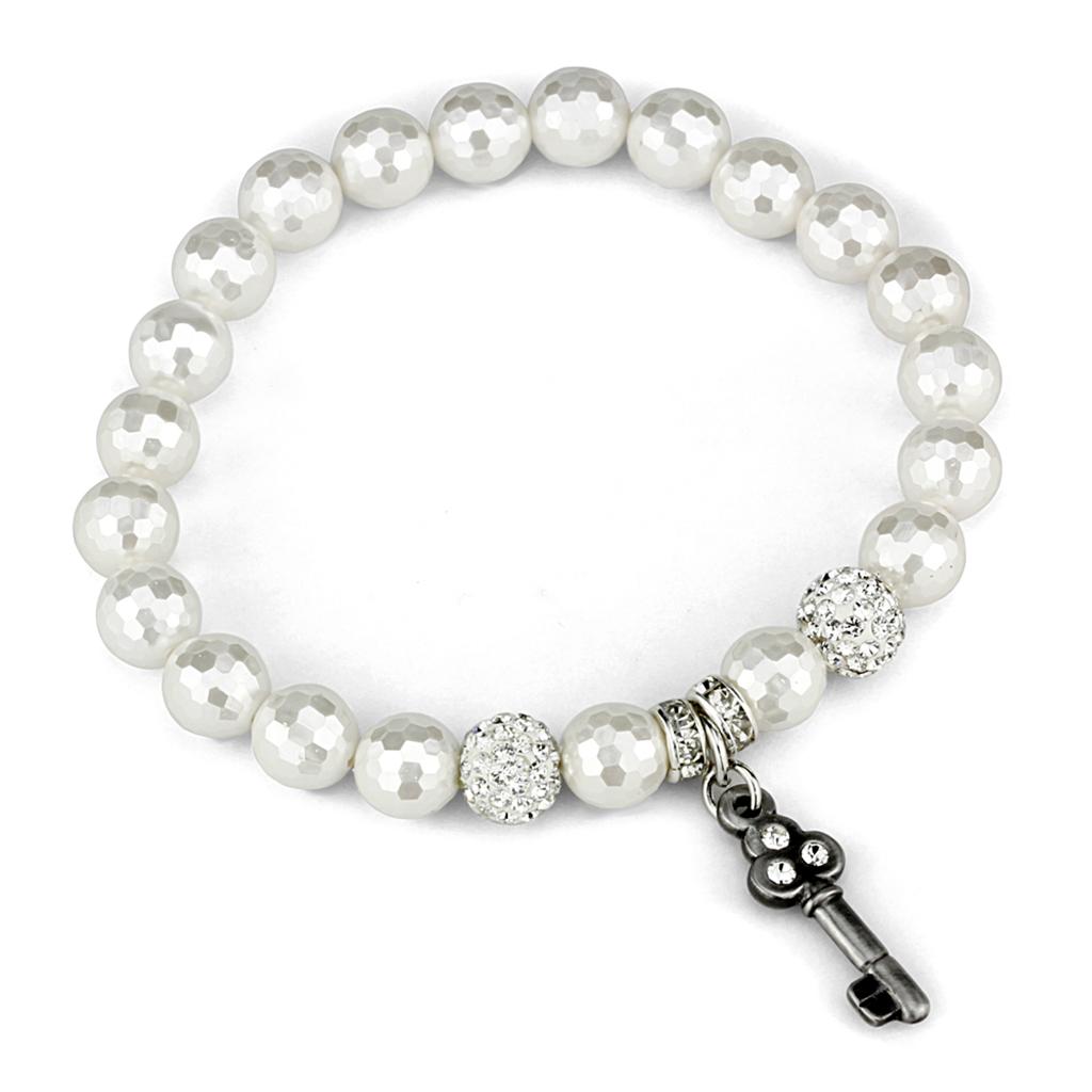 MALO3797 - Antique Silver Brass Bracelet with Synthetic Glass Bead in White