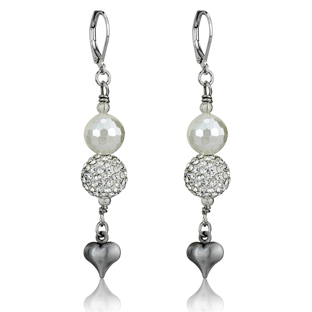MALO3804 - Antique Silver White Metal Earrings with Synthetic Glass Bead in White