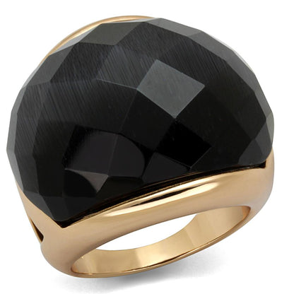 MALO3907 - Rose Gold Brass Ring with Synthetic Cat Eye in Jet