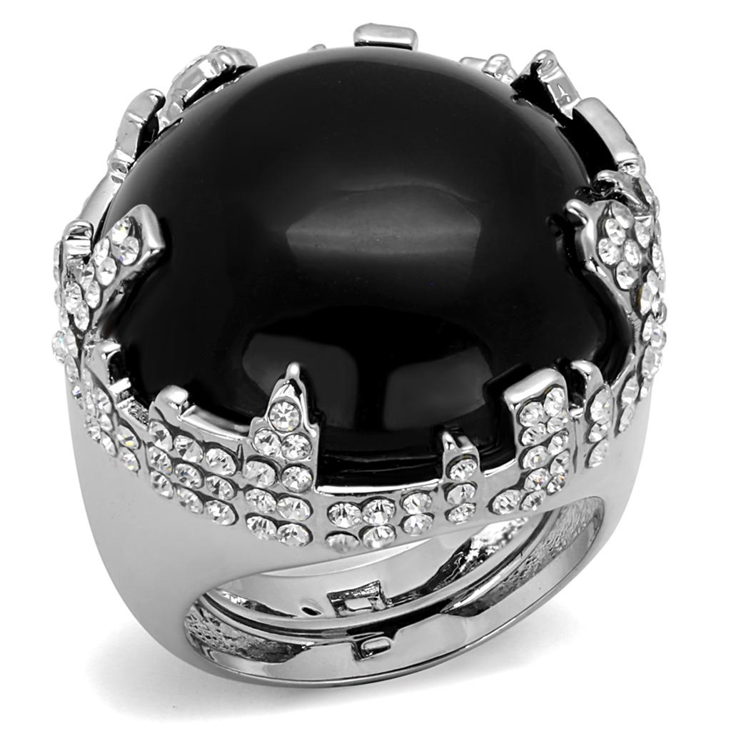 MALO3911 - Rhodium Brass Ring with Synthetic Cat Eye in Jet