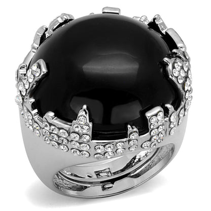 MALO3911 - Rhodium Brass Ring with Synthetic Cat Eye in Jet