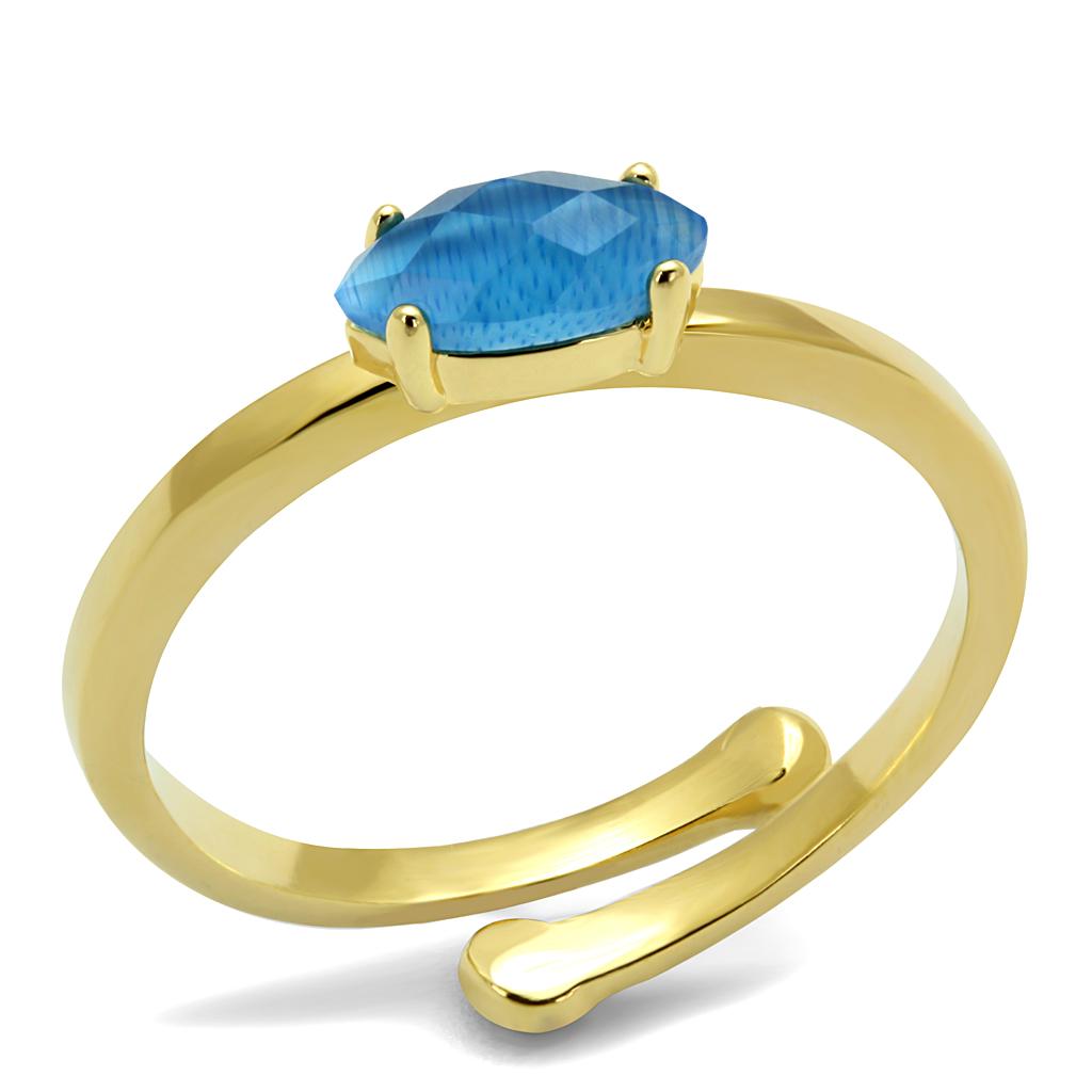 MALO4064 - Flash Gold Brass Ring with Synthetic Cat Eye in Capri Blue