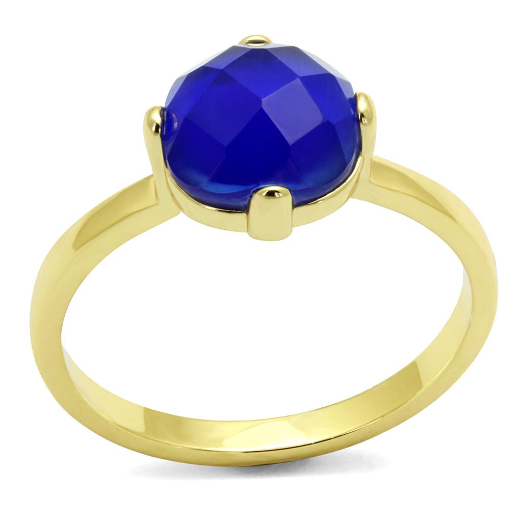 MALO4072 - Flash Gold Brass Ring with Synthetic Cat Eye in Sapphire