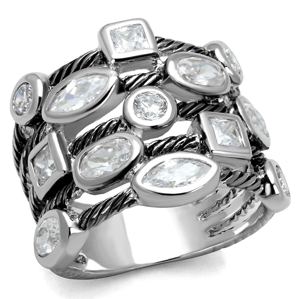 MALO4083 - Rhodium Brass Ring with AAA Grade CZ  in Clear