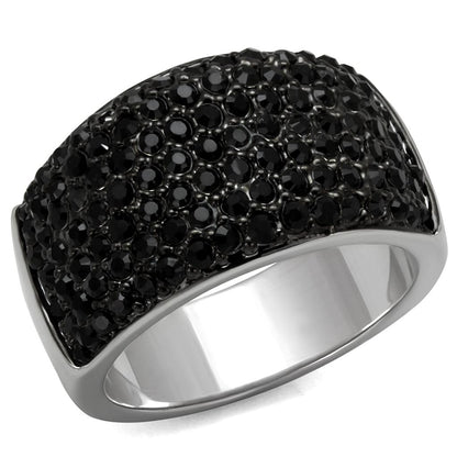 MALO4086 - Rhodium+Hematite Brass Ring with Top Grade Crystal  in Jet