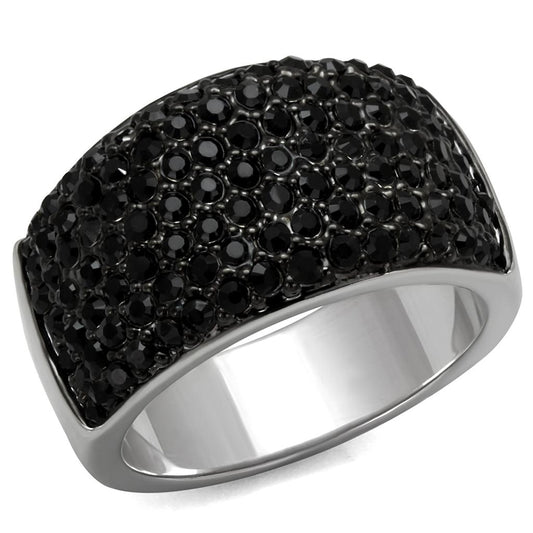 MALO4086 - Rhodium+Hematite Brass Ring with Top Grade Crystal  in Jet