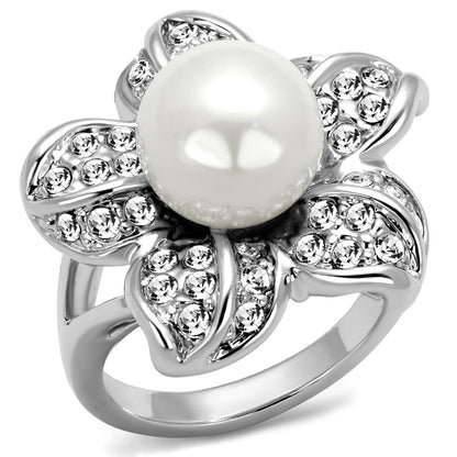 MALO4088 - Rhodium Brass Ring with Synthetic Pearl in White