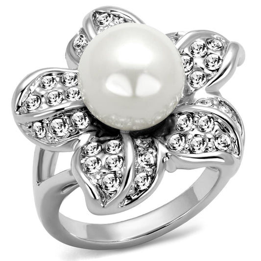 MALO4088 - Rhodium Brass Ring with Synthetic Pearl in White