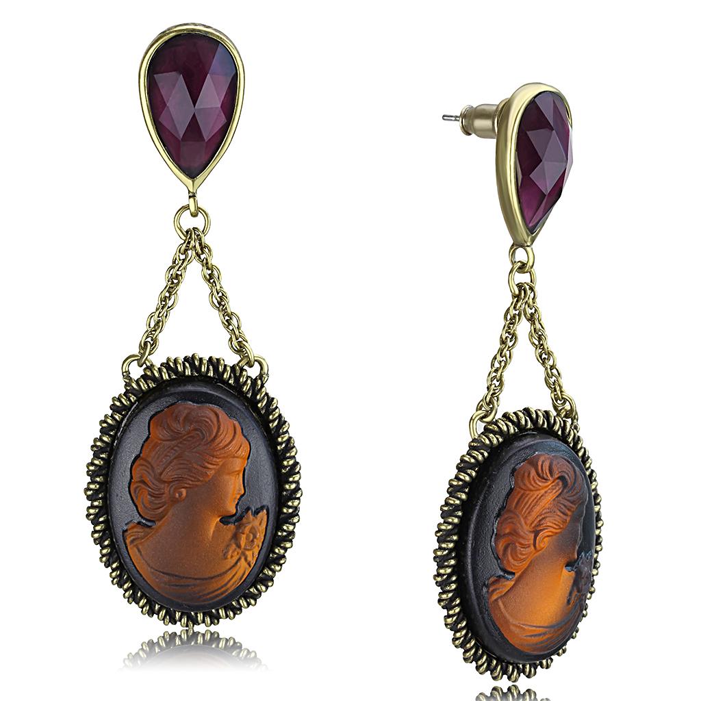 MALO4182 - Antique Copper Brass Earrings with Synthetic Synthetic Stone in Smoked Quartz
