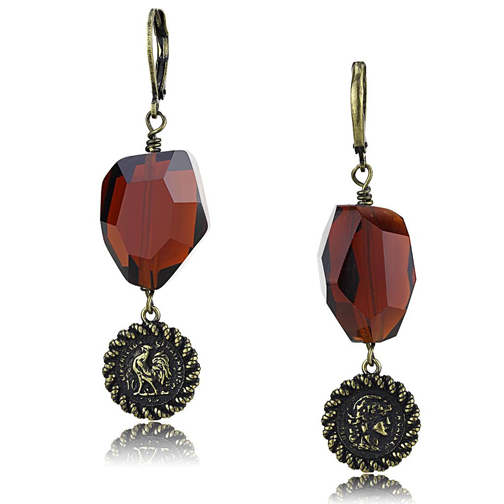 MALO4193 - Antique Copper Brass Earrings with Synthetic Synthetic Glass in Garnet