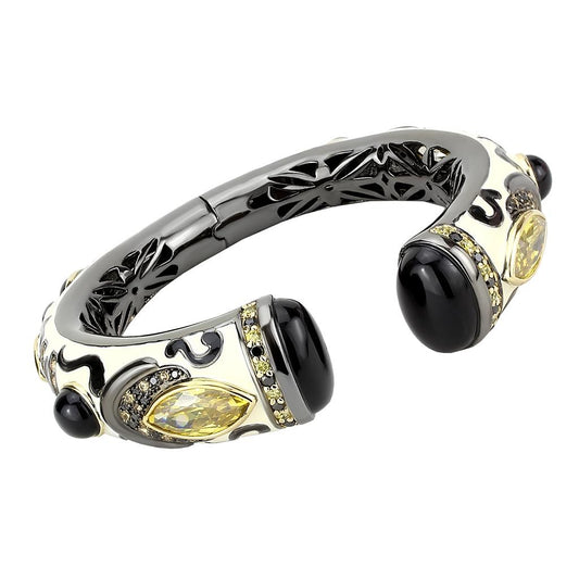 MALO4299 - Gold+Hematite Brass Bangle with Synthetic Onyx in Jet