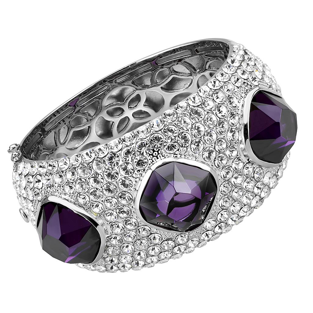 MALO4330 - Rhodium Brass Bangle with AAA Grade CZ  in Amethyst