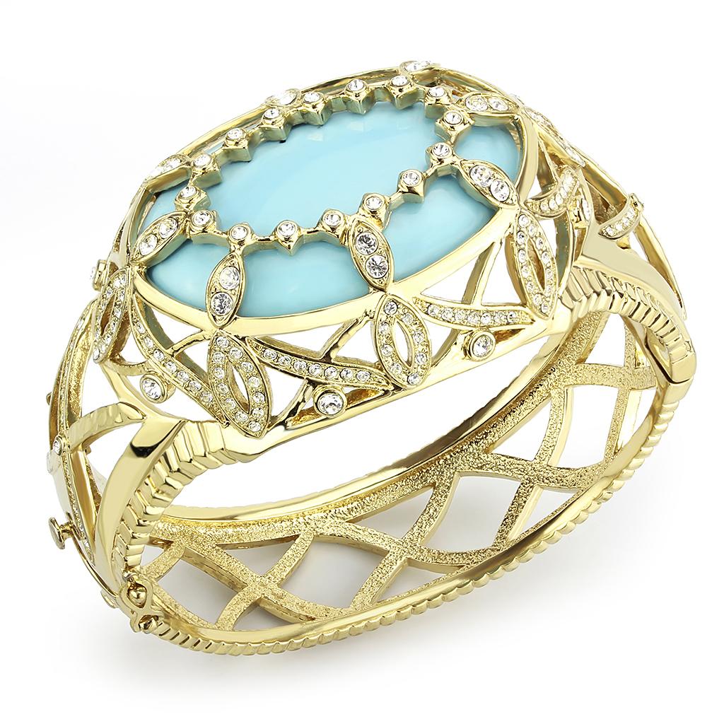 MALO4348 - Gold Brass Bangle with Synthetic  in Sea Blue