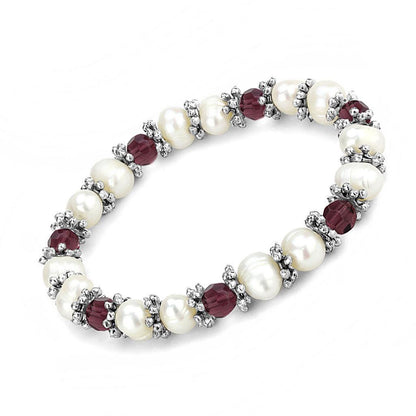 MALO4654 - Antique Silver White Metal Bracelet with Synthetic Pearl in Fuchsia