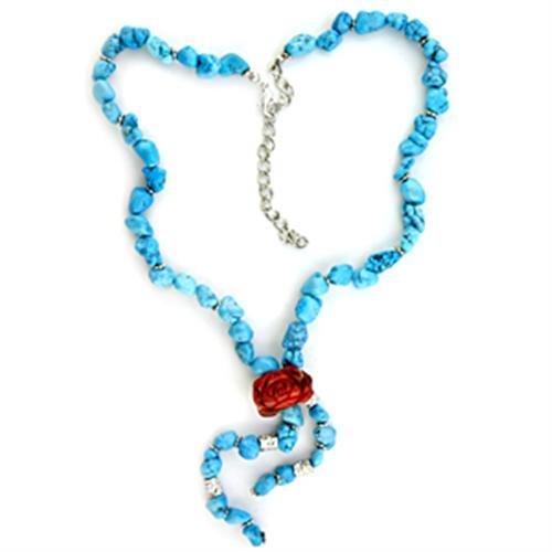 MALOA113 - Rhodium Brass Necklace with Synthetic Turquoise in Sea Blue
