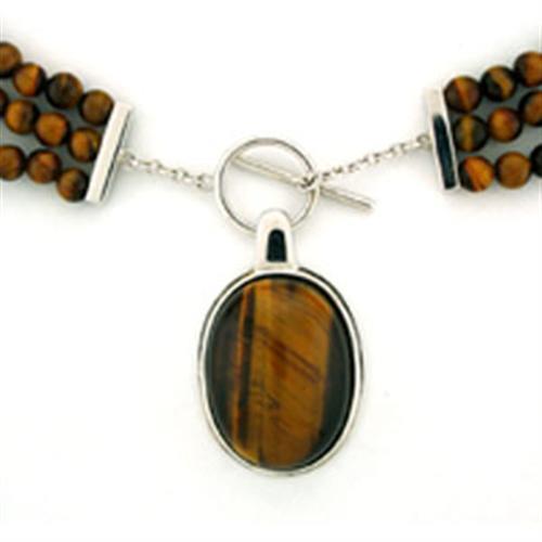 MALOA278 - Rhodium 925 Sterling Silver Necklace with Semi-Precious Tiger Eye in Smoked Quartz