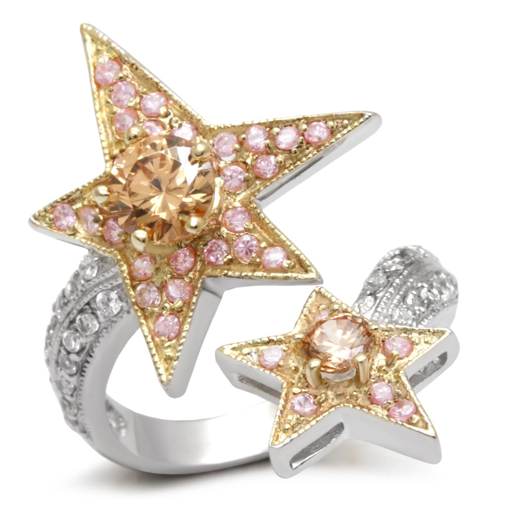 MALOA501 - Reverse Two-Tone Brass Ring with AAA Grade CZ  in Champagne