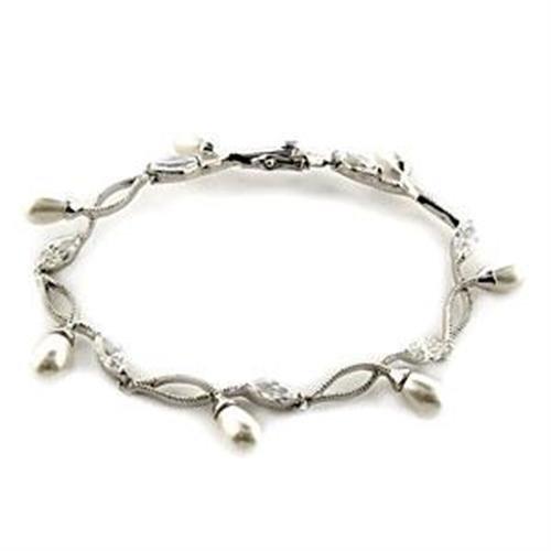MALOA542 - Rhodium 925 Sterling Silver Bracelet with Synthetic Pearl in White