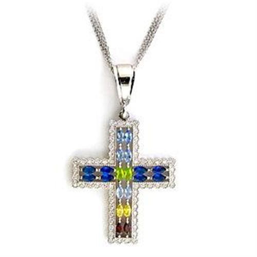 MALOA556 - Rhodium 925 Sterling Silver Necklace with AAA Grade CZ  in Multi Color