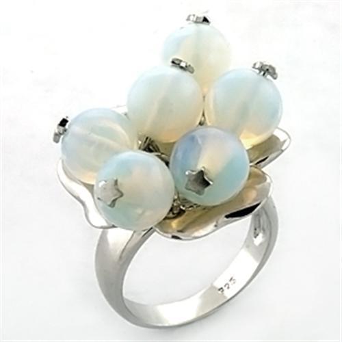 MALOA645 - Rhodium 925 Sterling Silver Ring with Synthetic Glass Bead in White