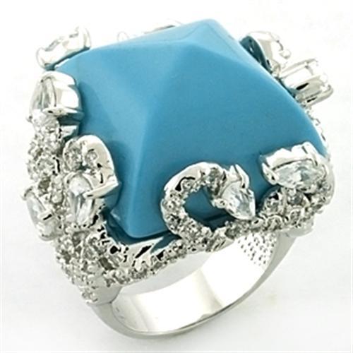 MALOA683 - Rhodium Brass Ring with Synthetic Turquoise in Sea Blue