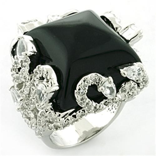 MALOA684 - Rhodium Brass Ring with Synthetic Onyx in Jet