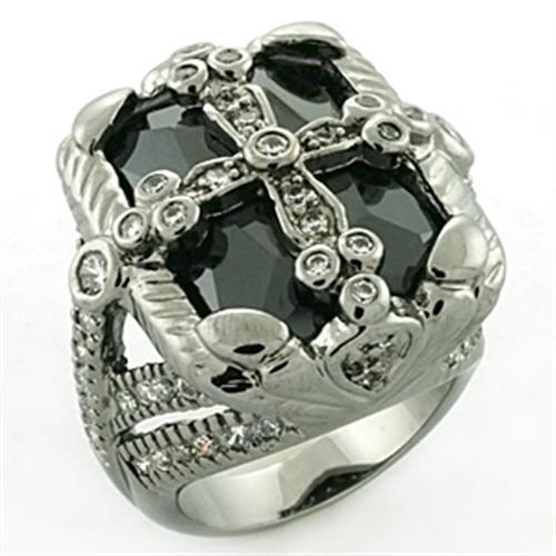 MALOA708 - Rhodium + Ruthenium Brass Ring with AAA Grade CZ  in Jet
