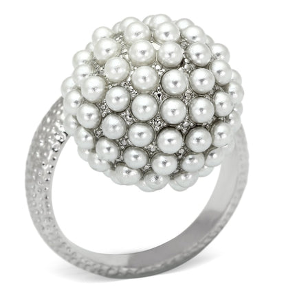 MALOA831 - Rhodium Brass Ring with Synthetic Pearl in White