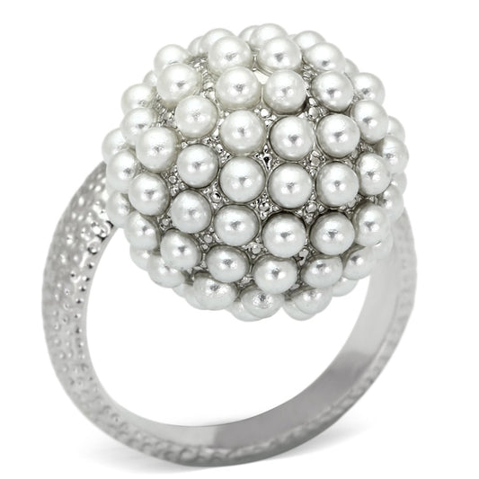 MALOA831 - Rhodium Brass Ring with Synthetic Pearl in White