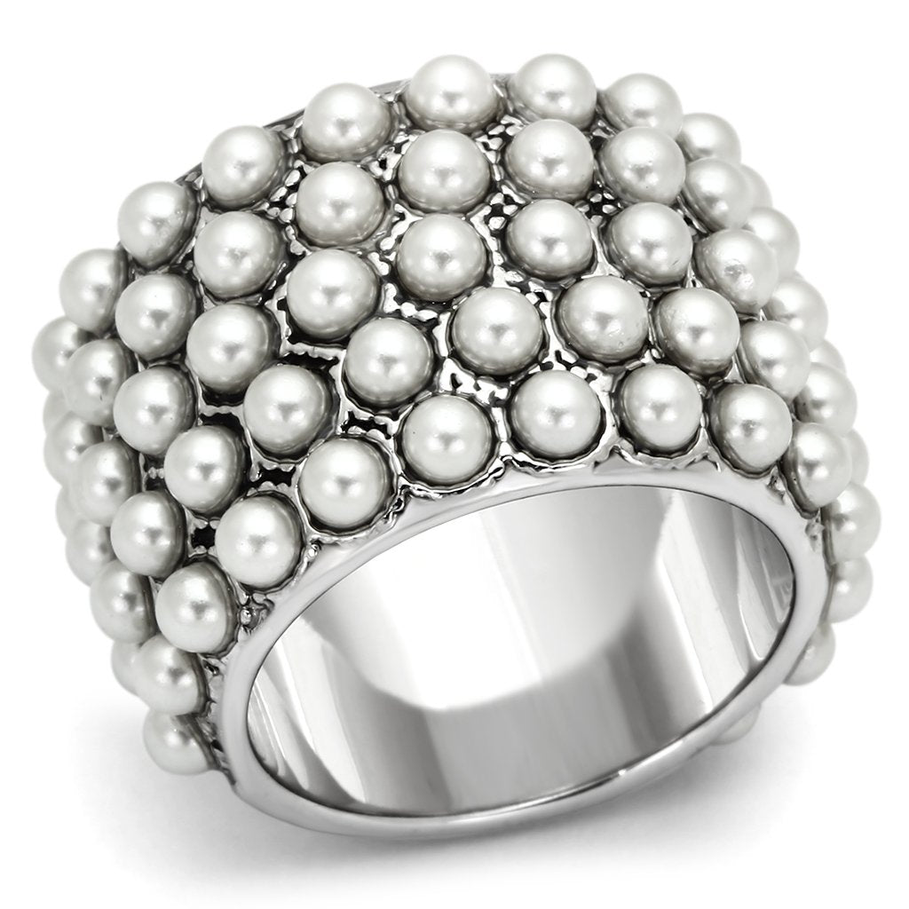 MALOA832 - Rhodium Brass Ring with Synthetic Pearl in White