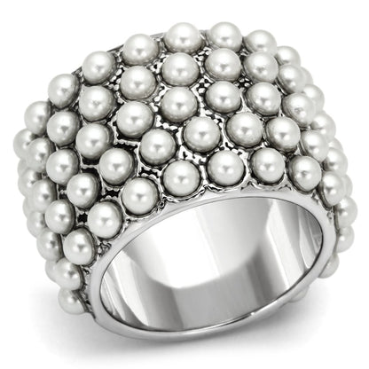 MALOA832 - Rhodium Brass Ring with Synthetic Pearl in White