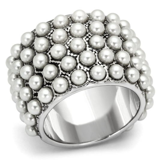 MALOA832 - Rhodium Brass Ring with Synthetic Pearl in White