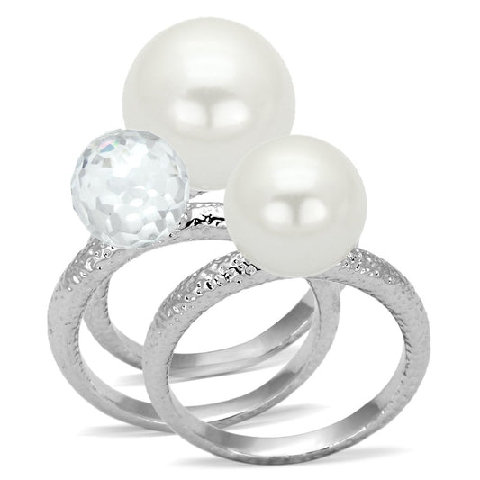 MALOA834 - Rhodium Brass Ring with Synthetic Pearl in White