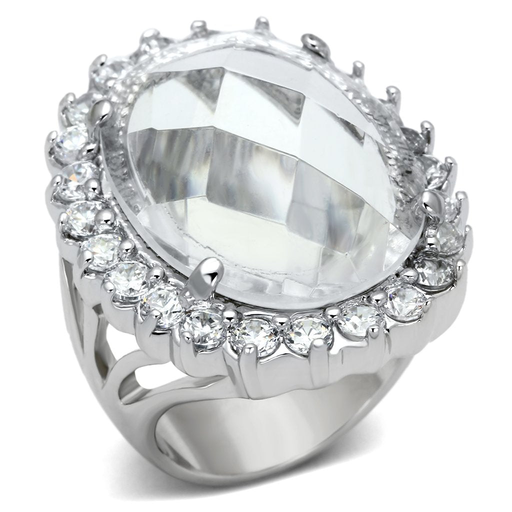 MALOA836 - Rhodium Brass Ring with Synthetic Synthetic Glass in Clear