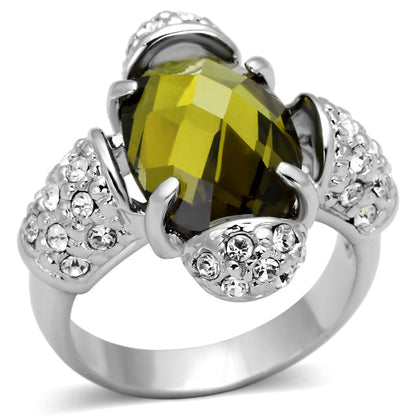 MALOA842 - Rhodium Brass Ring with AAA Grade CZ  in Olivine color