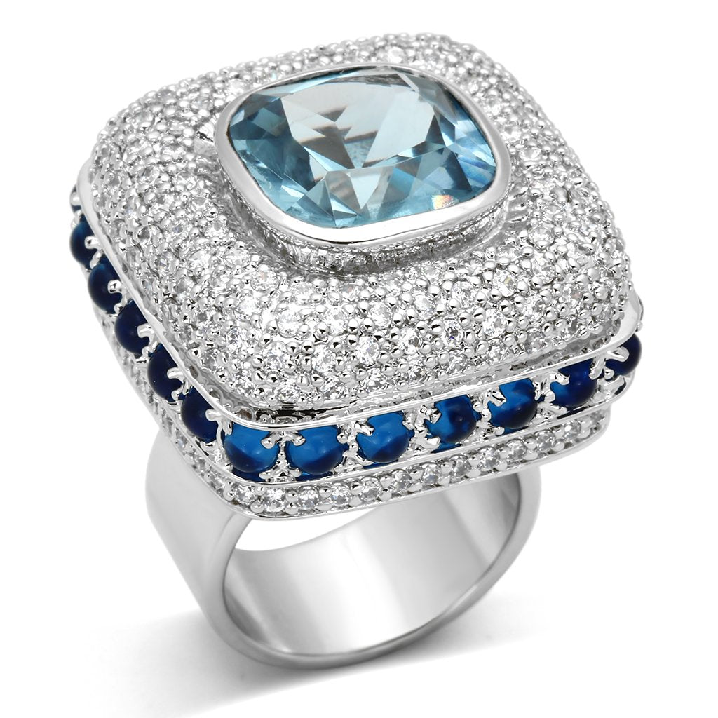 MALOA861 - Rhodium Brass Ring with Synthetic Spinel in London Blue