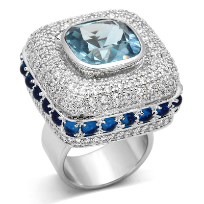 MALOA861 - Rhodium Brass Ring with Synthetic Spinel in London Blue